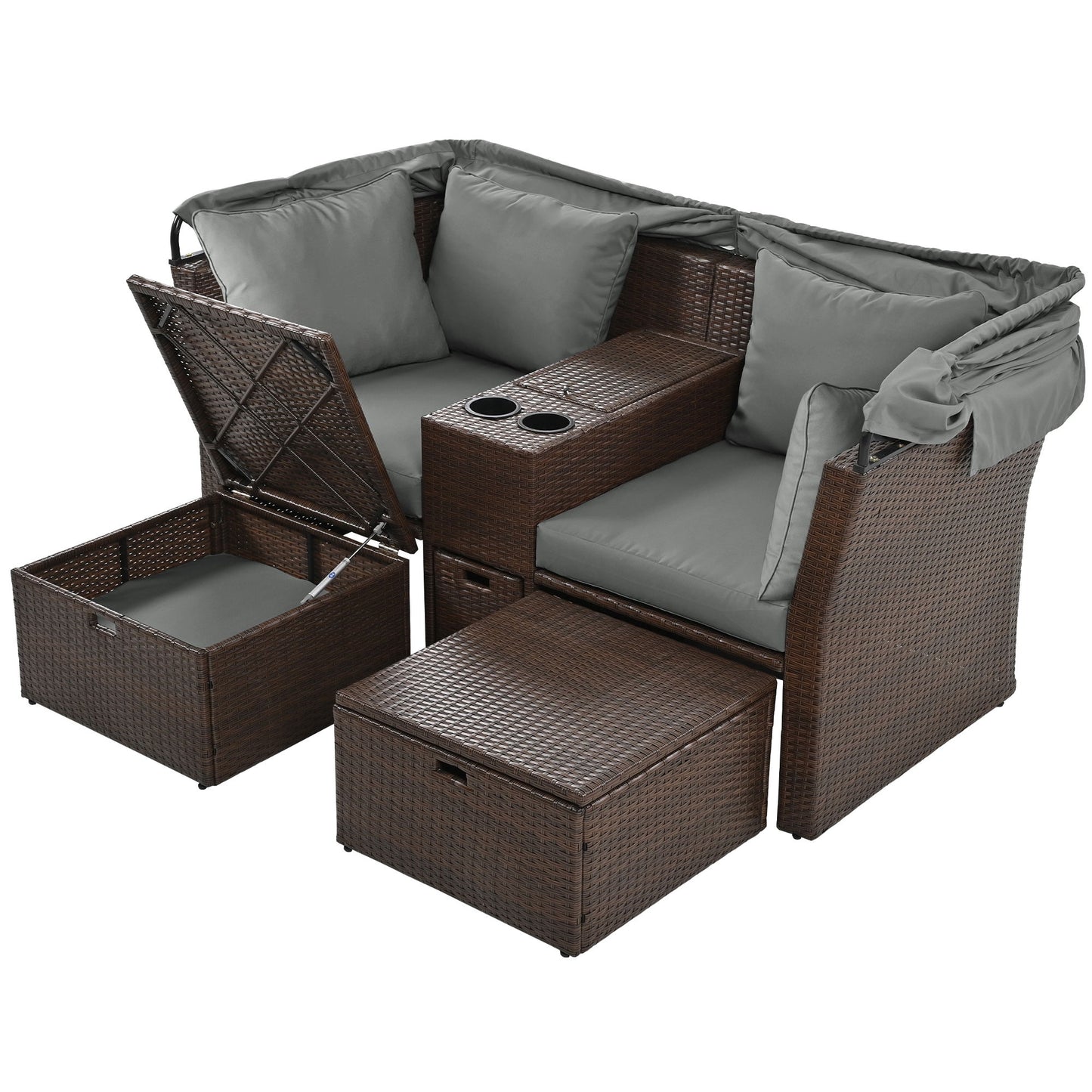 2 Seater Outdoor Patio Daybed Outdoor Double Daybed Outdoor Loveseat Sofa Set With Foldable Awning And Cushions For Garden, Balcony, Poolside - Gray