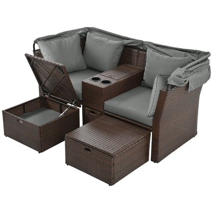 2 Seater Outdoor Patio Daybed Outdoor Double Daybed Outdoor Loveseat Sofa Set With Foldable Awning And Cushions For Garden, Balcony, Poolside - Gray