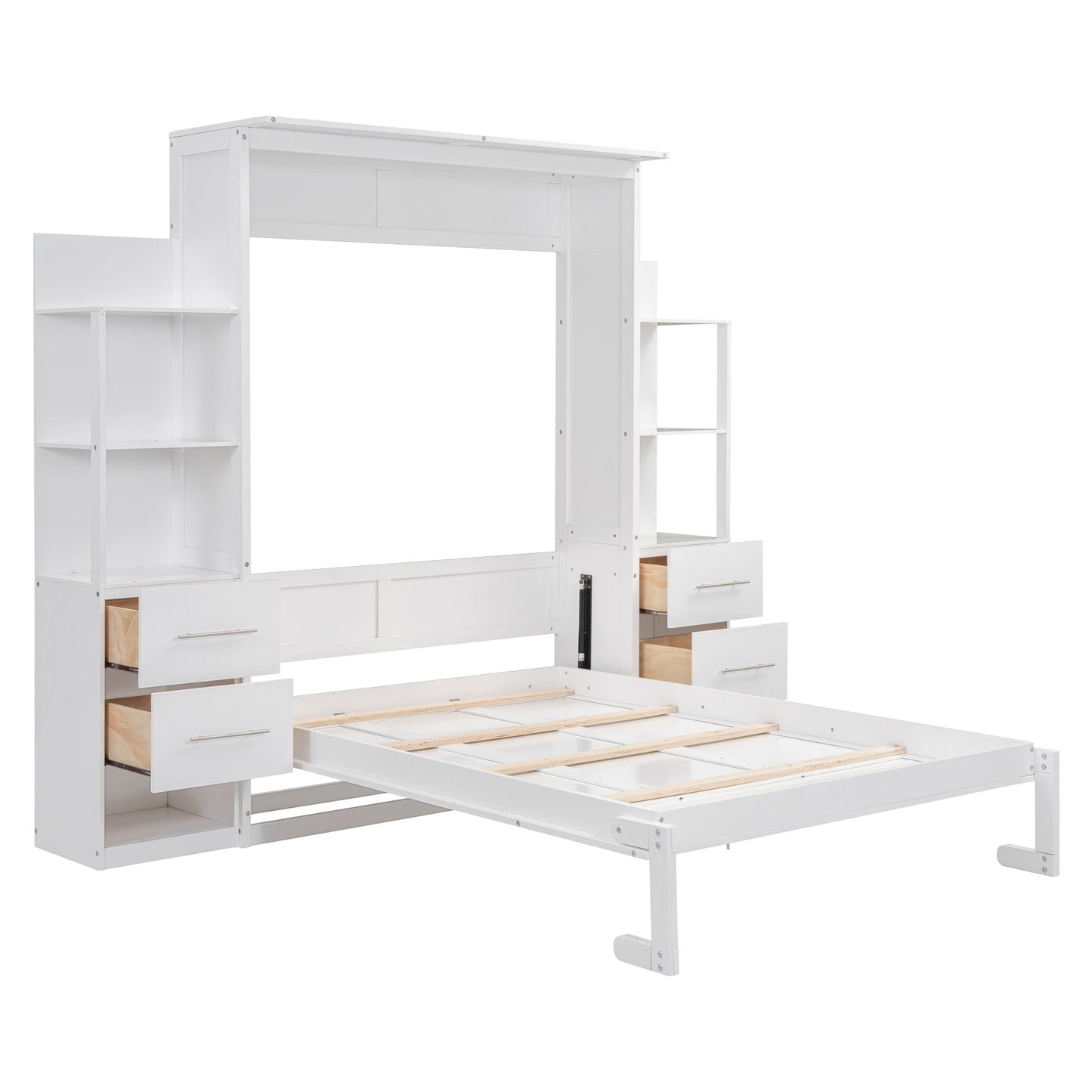 Full Size Murphy Wall Bed With Shelves, Drawers And LED Lights - White