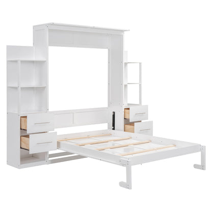 Full Size Murphy Wall Bed With Shelves, Drawers And LED Lights - White