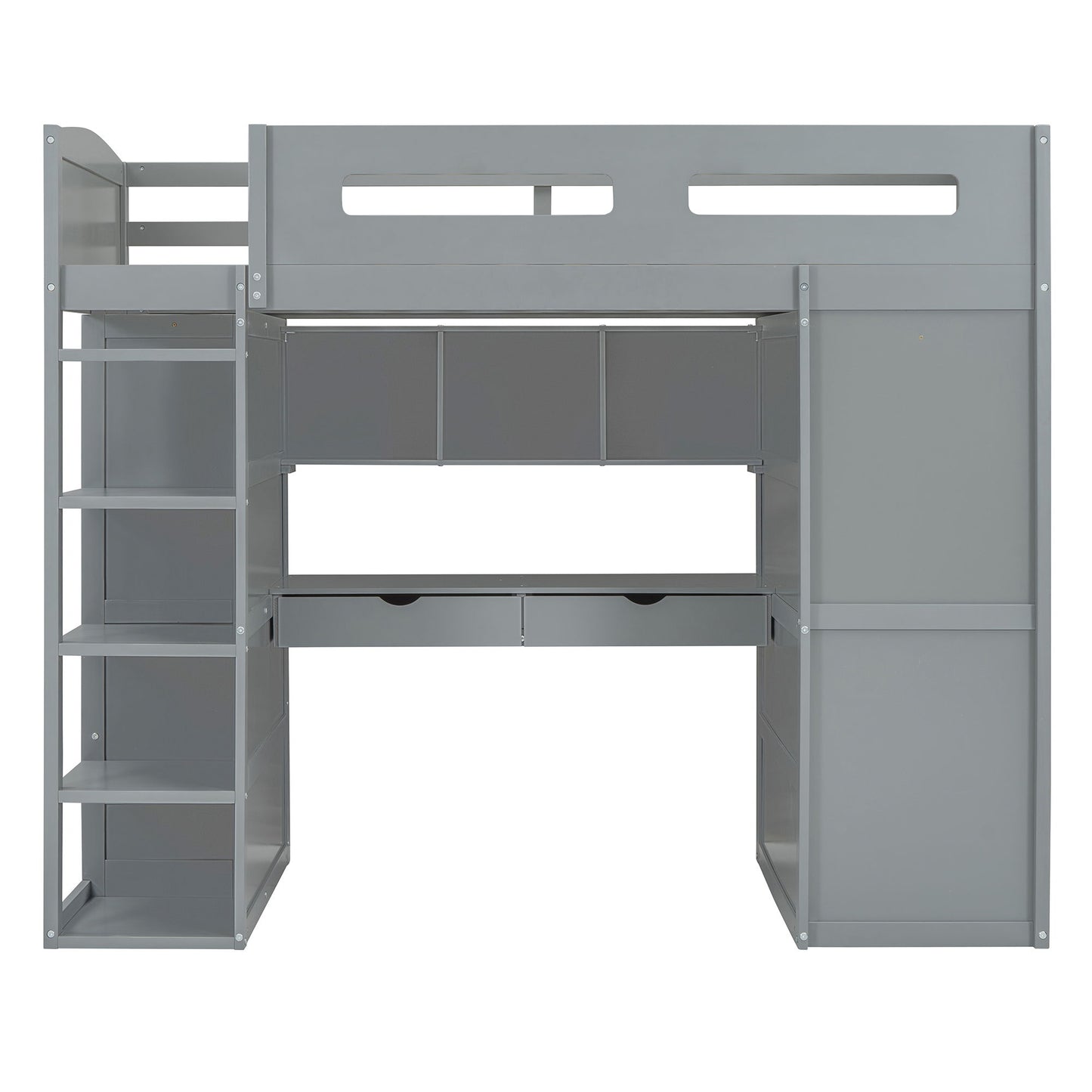 Twin Size Loft Bed With Desk, Wardrobes, 4 Drawers And 4 Shelves Construction - Gray