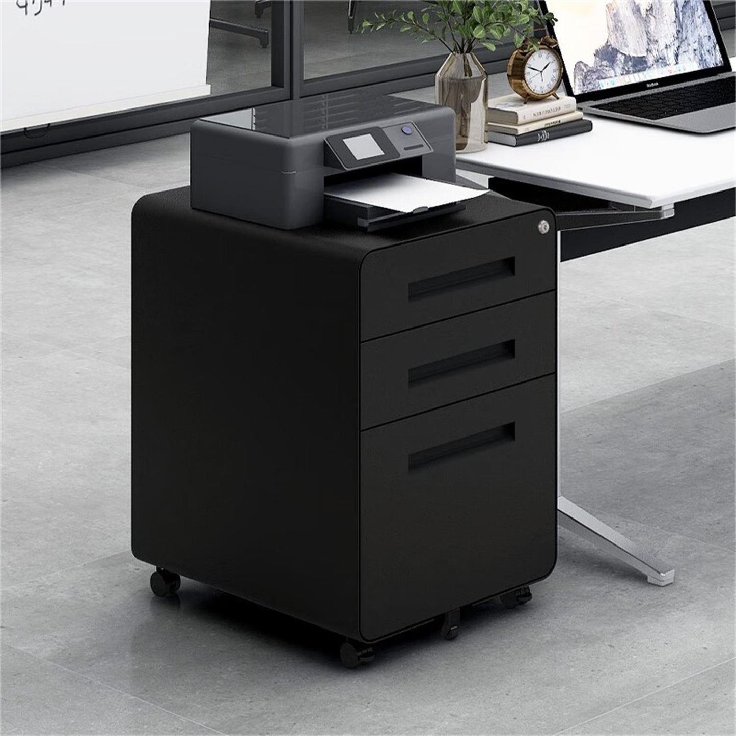 3 Drawer Mobile File Cabinet Under Desk Office, Simple Style Versatile Storage Cabinet For Legal / Letter / A4 Files, 5 Wheel Design Anti-Tilting Cold Rolled Steel Waterproof Moisture-Proof - Black