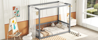 Twin Size Canopy Frame Floor Bed With Fence, Guardrails - Gray