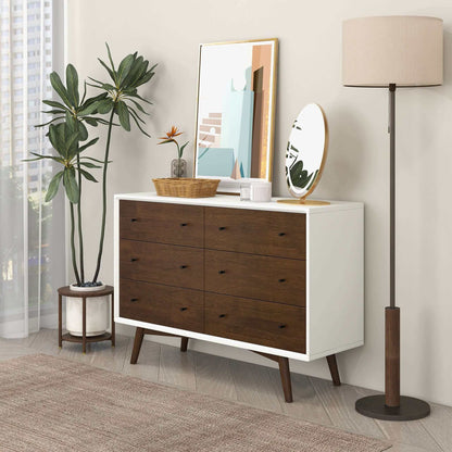 Mid-Century Modern White Dresser 6 Drawer - Dark Brown / White