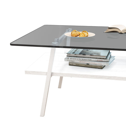 Rectangle Coffee Table, Tempered Glass Tabletop With White Metal Legs, Modern Table For Living Room - Gray