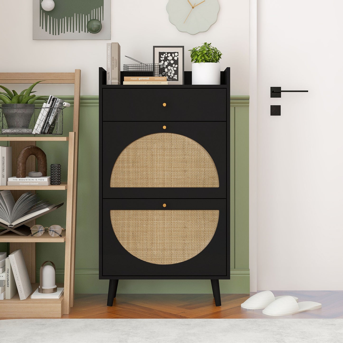 Allen - Rattan 2 Door 1 Drawer Cabinet Shoe Rack For Entrance, Double Layer - Black