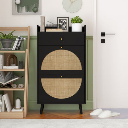 Allen - Rattan 2 Door 1 Drawer Cabinet Shoe Rack For Entrance, Double Layer - Black