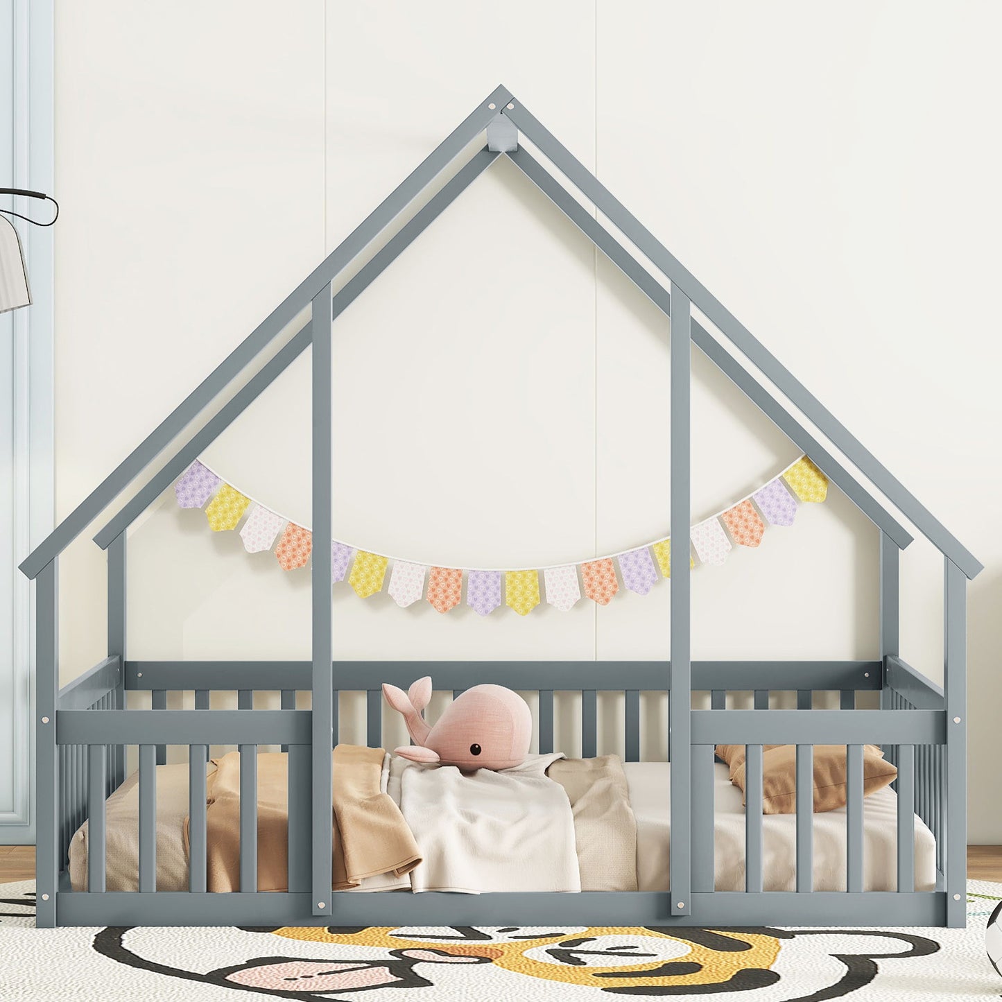 Full Wood House-Shaped Floor Bed With Fence, Guardrails - Gray