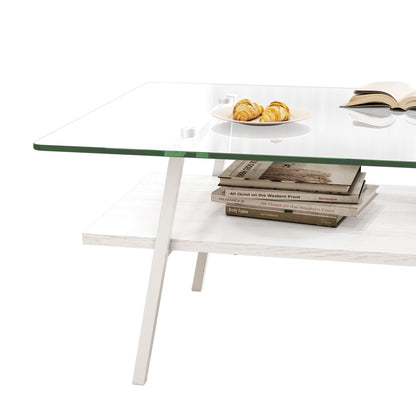 Rectangle Coffee Table, Tempered Glass Tabletop With Metal Legs, Modern Table For Living Room - Transparent / White
