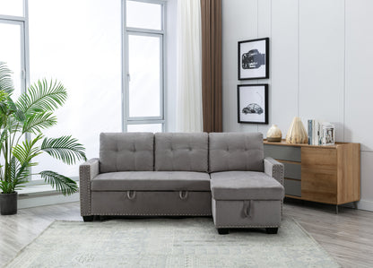 Reversible Sectional Storage Sleeper Sofa Bed, L-Shape 2 Seat Sectional Chaise With Storage, Skin-Feeling Velvet Fabric - Light Gray
