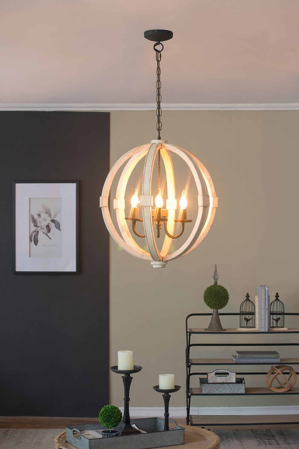 6 Light Wood Chandelier, Hanging Light Fixture With Adjustable Chain For Kitchen, Bulb Not Included - White