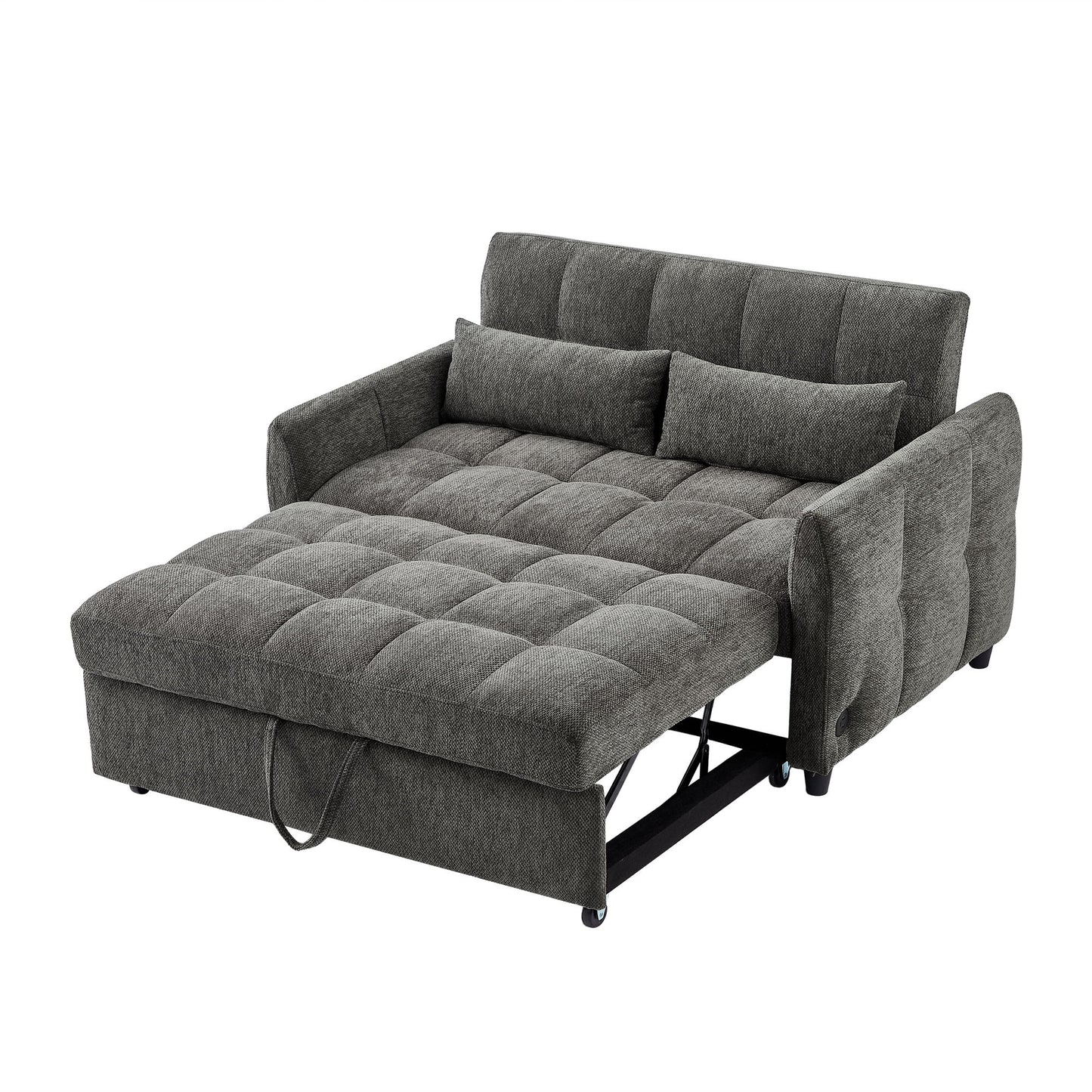 Loveseat Sofa Pull Out Sofa Bed Tufted Sleeper Sofa With An Adjustable Backrest, 3 USB Ports And 2 Lumbar Pillows For Living Room - Gray