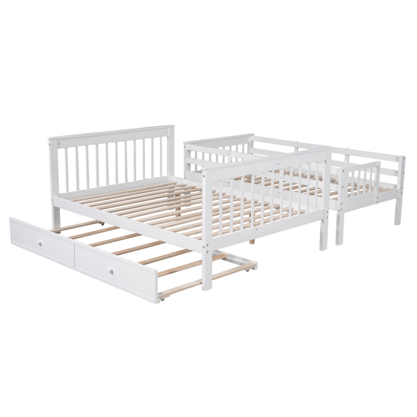 Twin Over Full Bunk Bed With Twin Size Trundle, Storage And Guard Rail For Bedroom - White