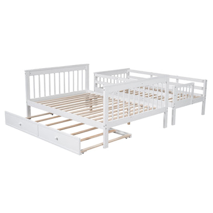 Twin Over Full Bunk Bed With Twin Size Trundle, Storage And Guard Rail For Bedroom - White