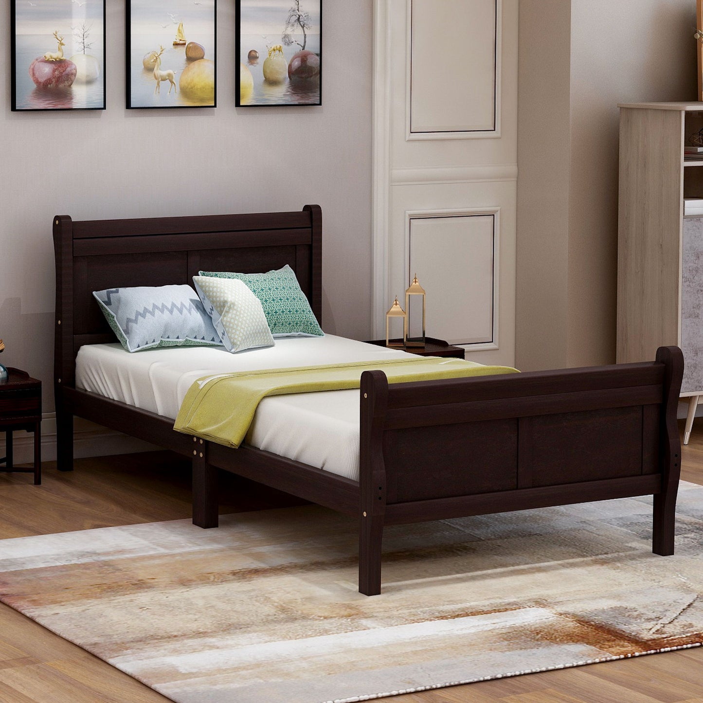 Twin Platform Bed Frame Mattress Foundation Sleigh Bed With Headboard, Footboard, Slat Support - Espresso