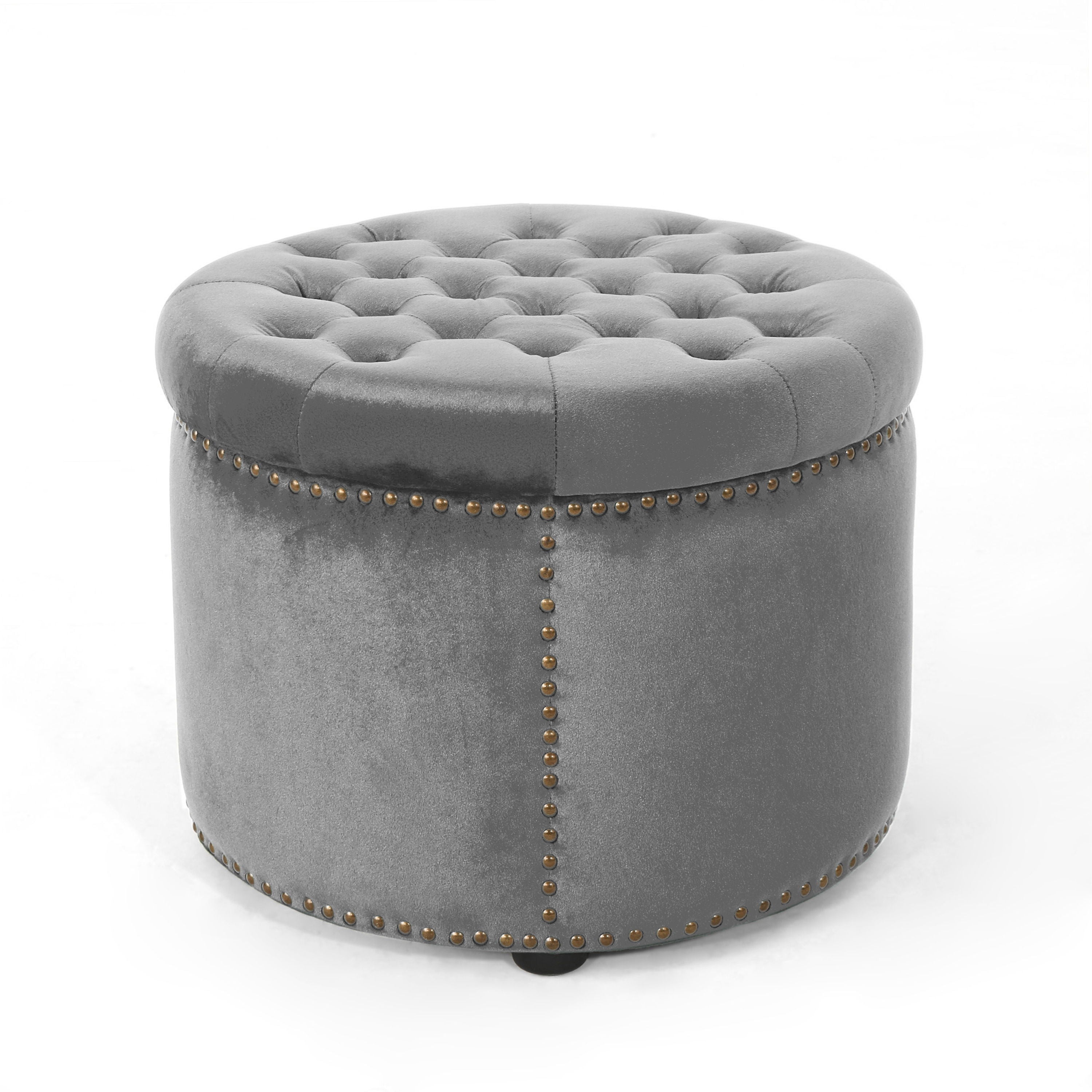 Elegant Round Ottoman Footstool With Velvet Upholstery And Studded Rim - Gray