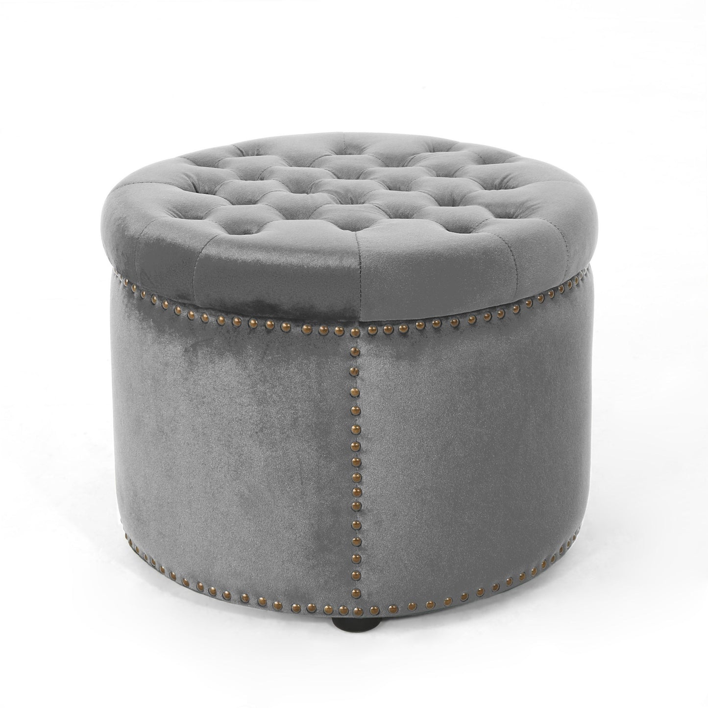 Elegant Round Ottoman Footstool With Velvet Upholstery And Studded Rim - Gray