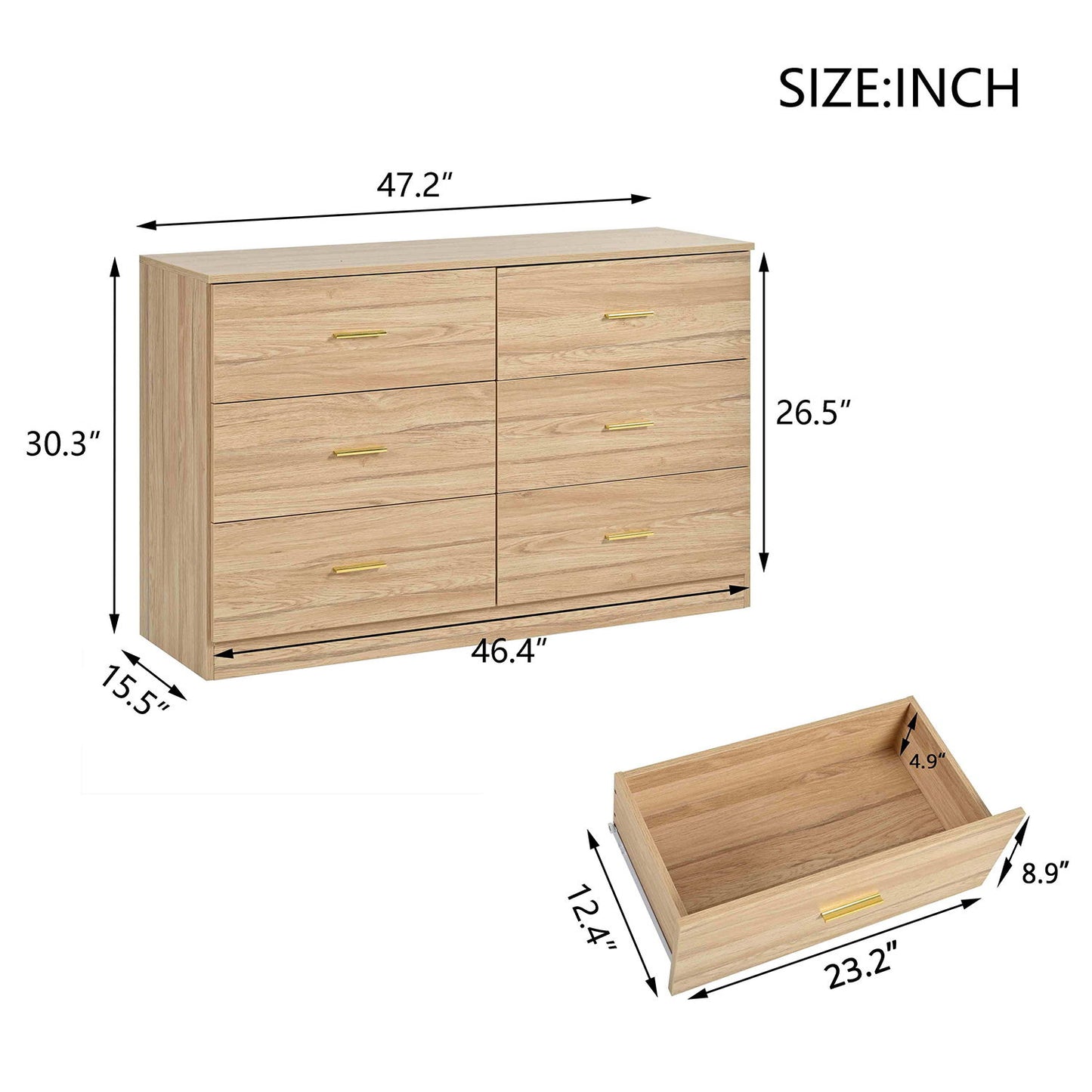 Modern 6 Drawer Dresser For Bedroom, Ample Storage Wide Chest Of Drawers, Sturdy & Safe - Natural
