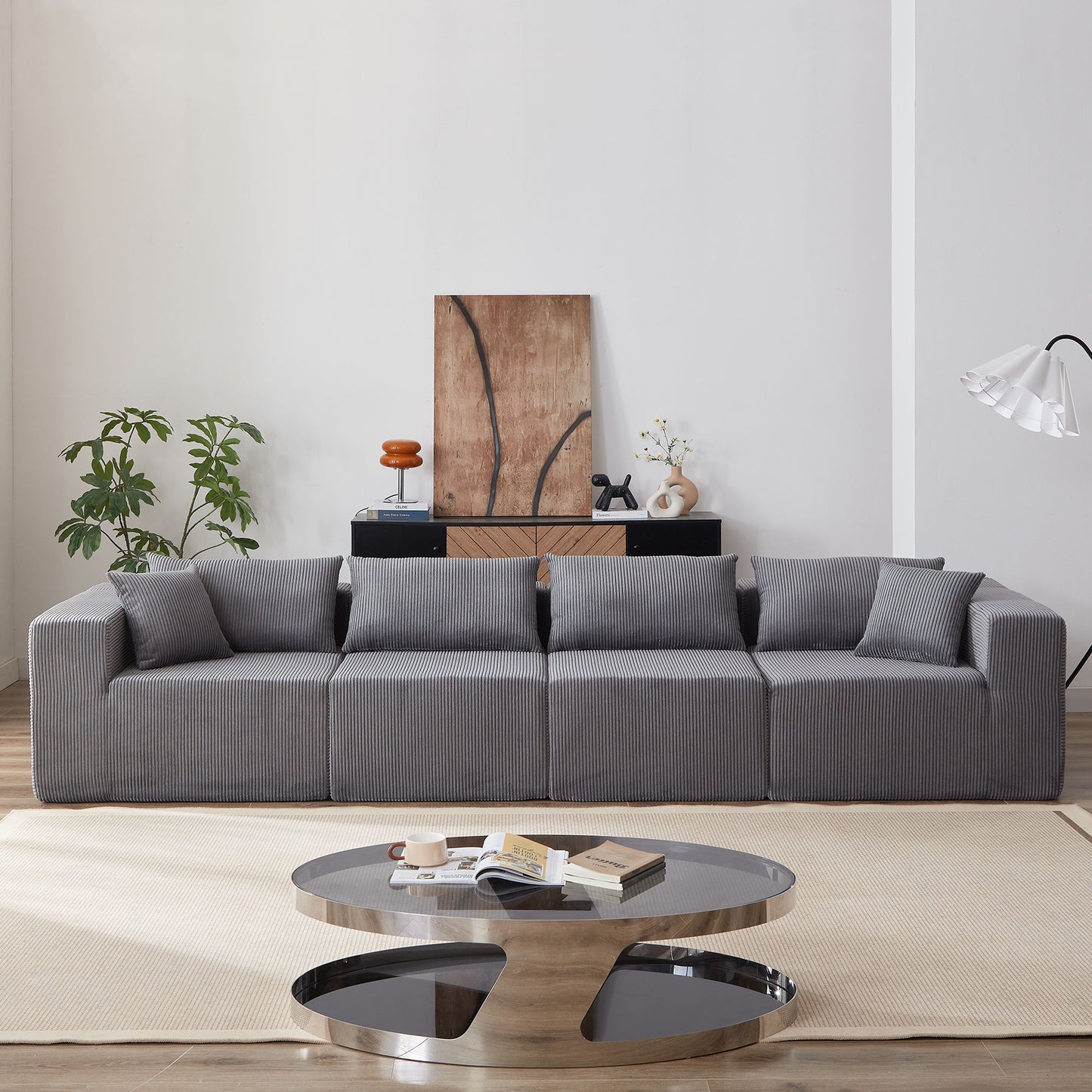 Corduroy Modular L Shaped Sectional Sofa, Luxury Floor Couch Set, 4 Piece Free Combination - Gray