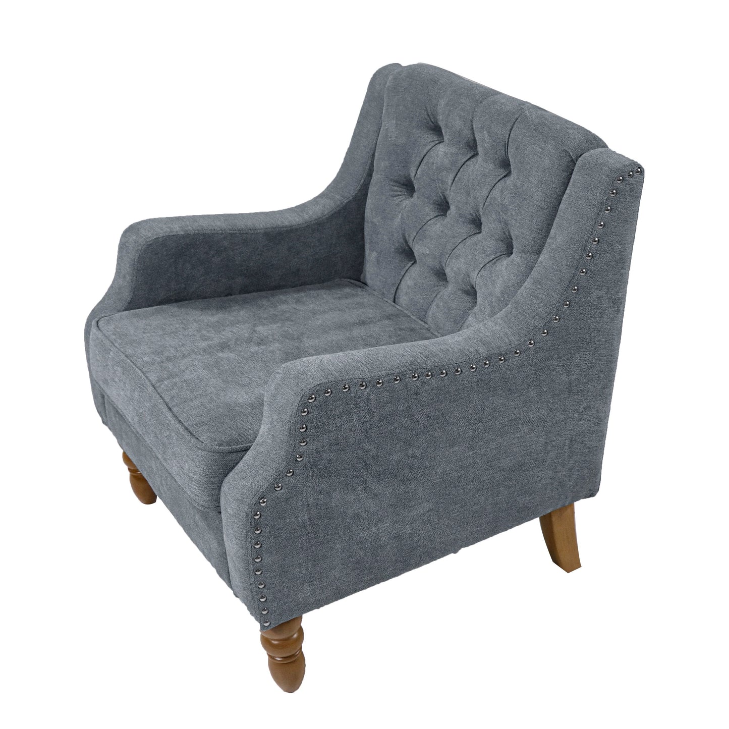 Accent Chair, Living Room Chair, Footrest Chair Set With Vintage Brass Studs, Button Tufted Upholstered Armchair For Living Room, Comfy Reading Chair For Bedroom, Reception Room - Gray