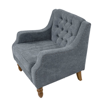 Accent Chair, Living Room Chair, Footrest Chair Set With Vintage Brass Studs, Button Tufted Upholstered Armchair For Living Room, Comfy Reading Chair For Bedroom, Reception Room - Gray