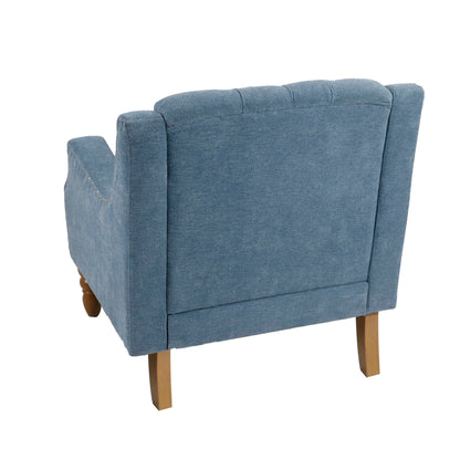 Accent Chair, Living Room Chair, Footrest Chair Set With Vintage Brass Studs, Button Tufted Upholstered Armchair For Living Room, Comfy Reading Chair For Bedroom, Reception Room - Blue