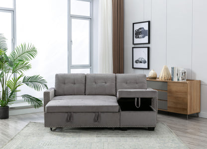 Reversible Sectional Storage Sleeper Sofa Bed, L-Shape 2 Seat Sectional Chaise With Storage, Skin-Feeling Velvet Fabric - Light Gray