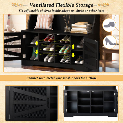 Entryway Bench With Coat Rack, 3 In 1 Design And Adjustable Shelves, Hall Tree With 7 Hooks For Entrance, Living Room - Black