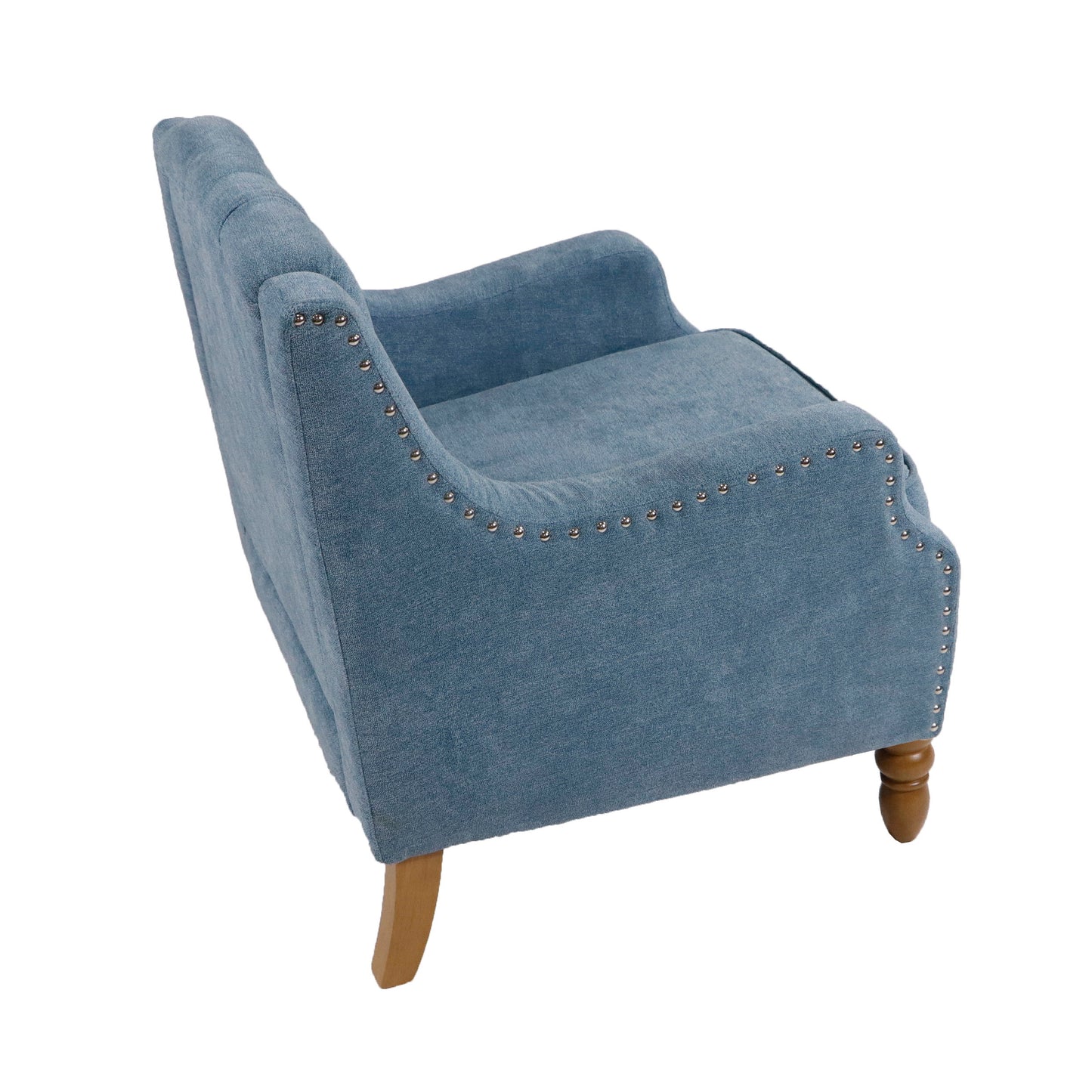 Accent Chair, Living Room Chair, Footrest Chair Set With Vintage Brass Studs, Button Tufted Upholstered Armchair For Living Room, Comfy Reading Chair For Bedroom, Reception Room - Blue