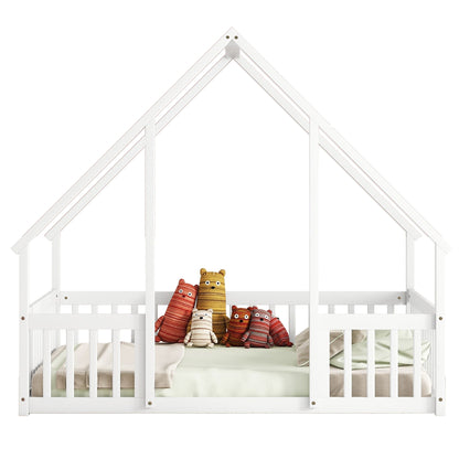 Full Wood House-Shaped Floor Bed With Fence, Guardrails - White
