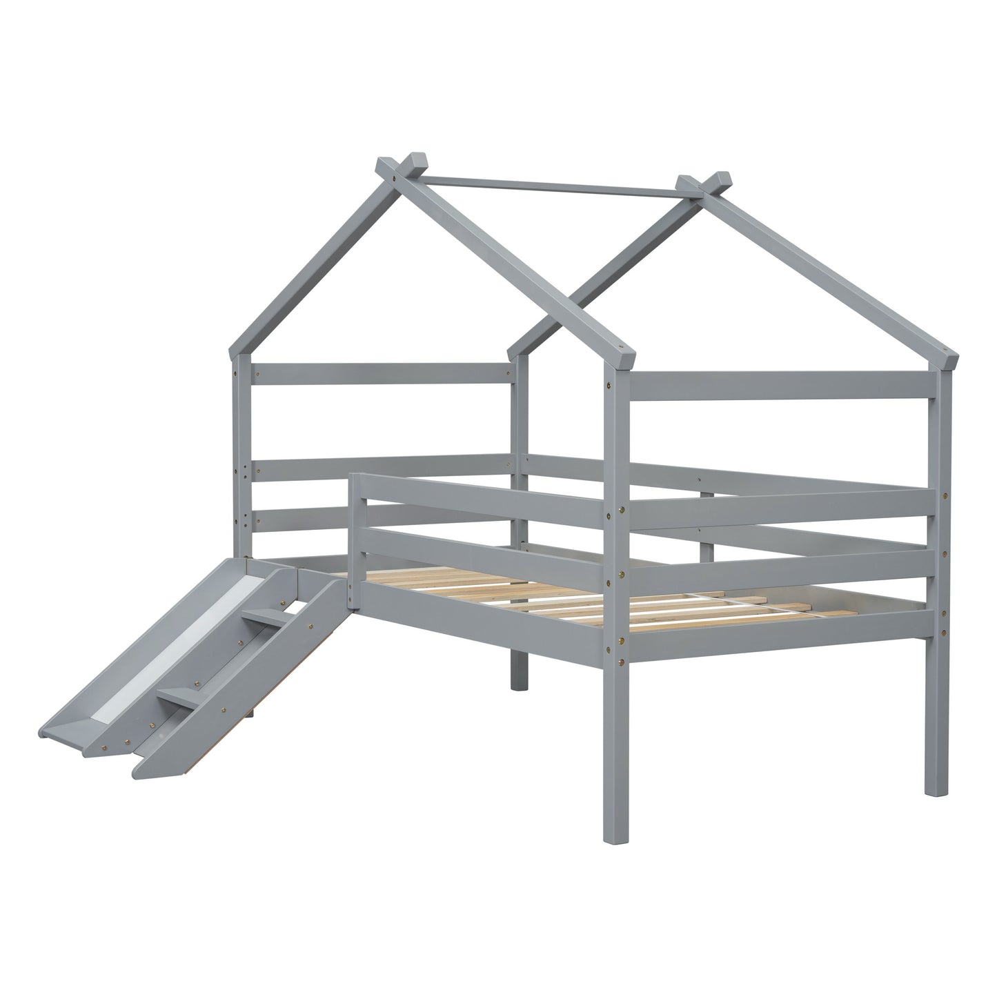 Twin Low Loft House Bed With Slide, Ladder, Safety Guardrails, House Roof Frame - Gray