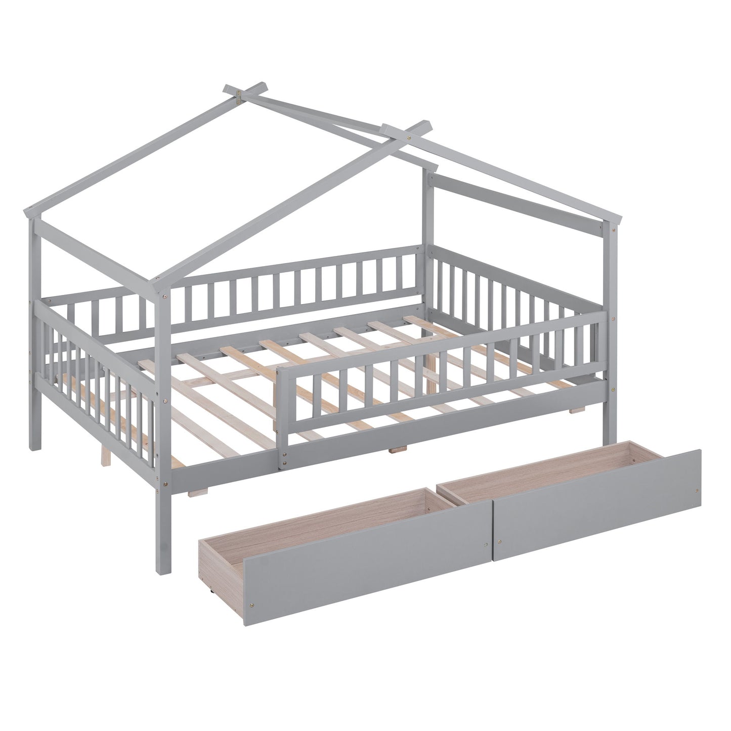 Full Size House Bed With 2 Drawers - Gray