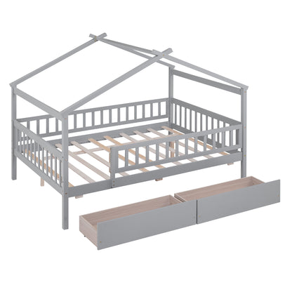 Full Size House Bed With 2 Drawers - Gray