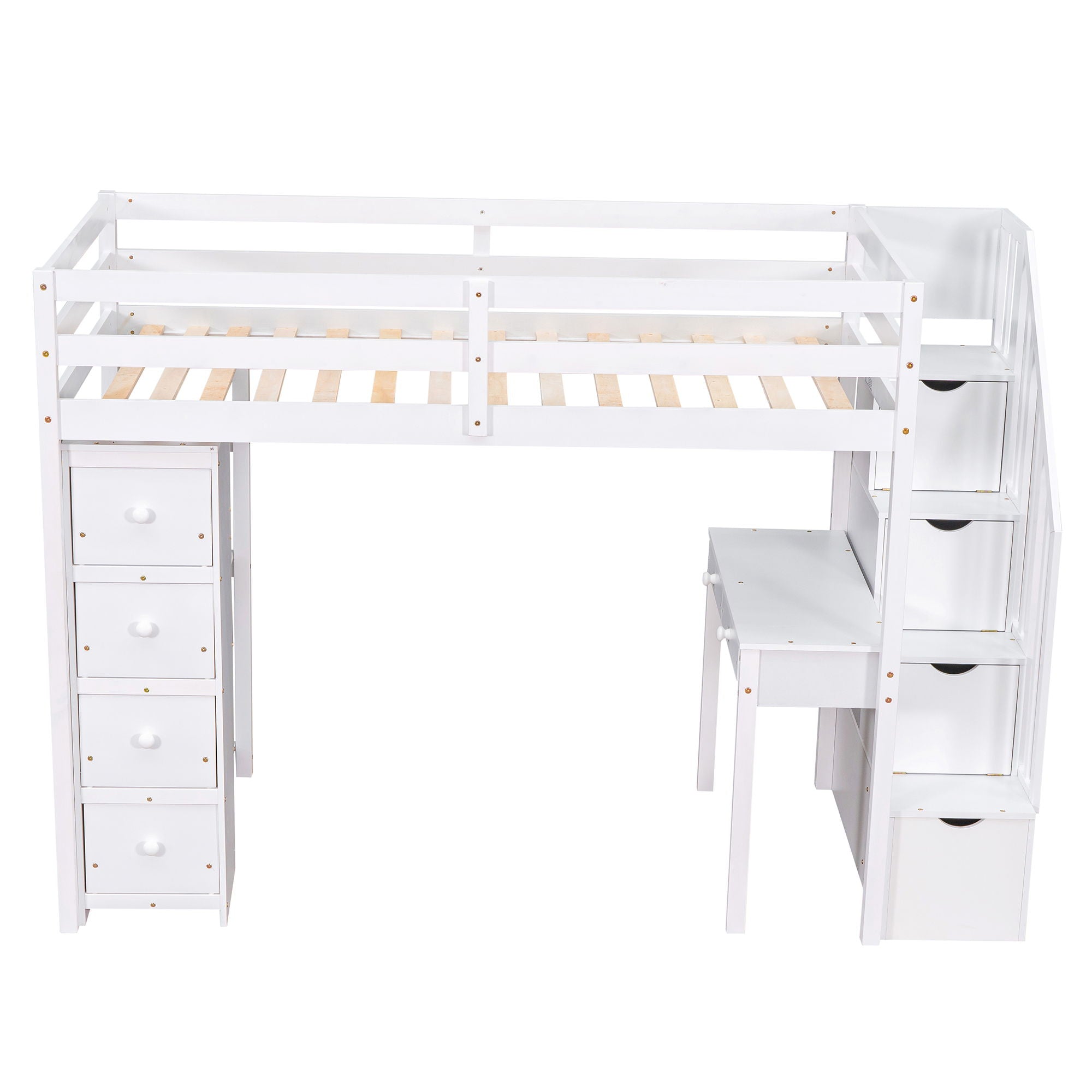 Twin Size Loft Bed With Storage Drawers, Desk And Stairs With Shelves - White