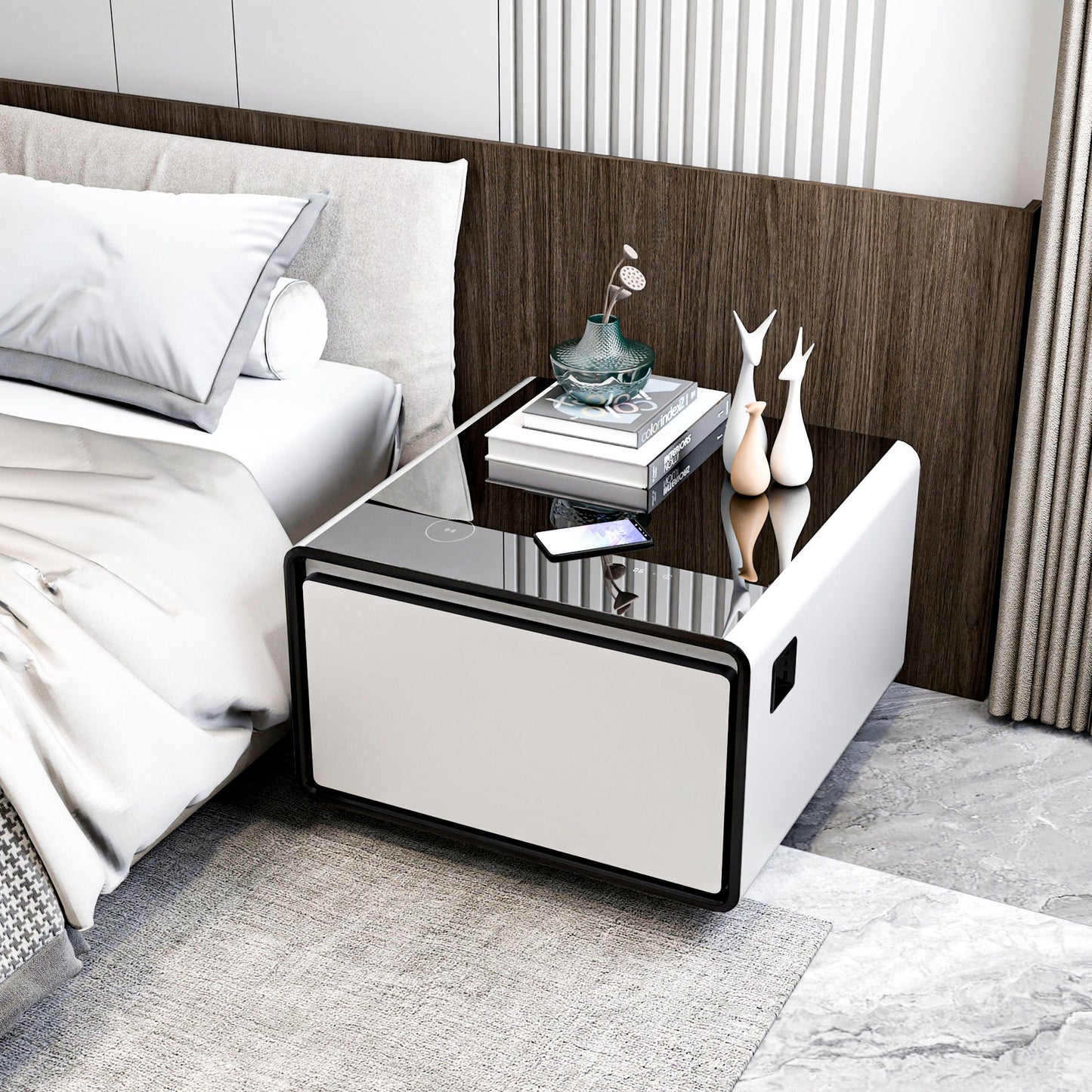 Modern Smart Side Table With Built-In Fridge, Wireless Charging, Temperature Control, Power Socket, USB Ports, Outlet Protection, Induction Light - White