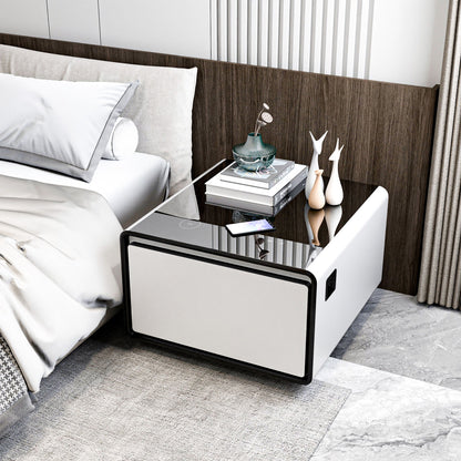 Modern Smart Side Table With Built-In Fridge, Wireless Charging, Temperature Control, Power Socket, USB Ports, Outlet Protection, Induction Light - White