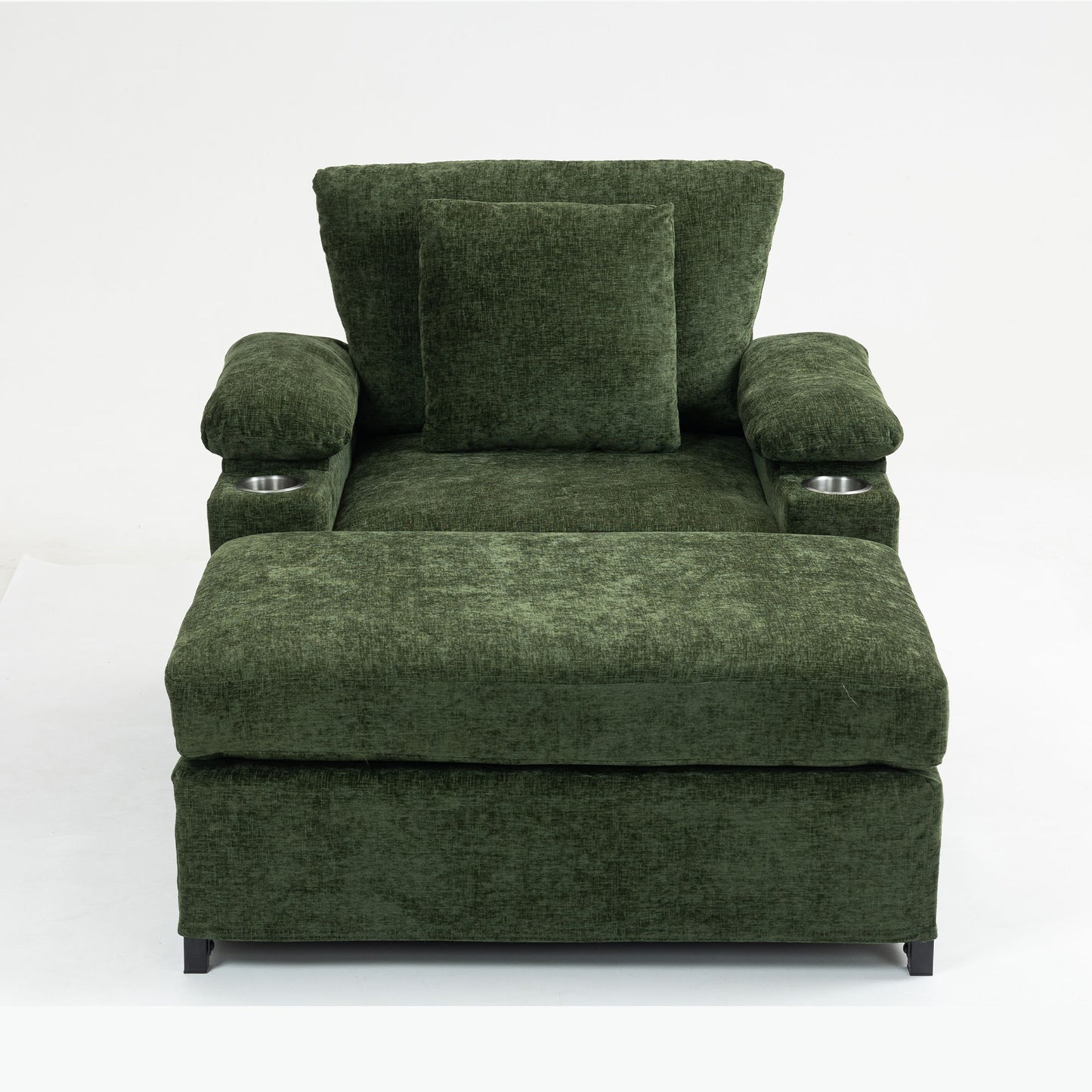 Modern Oversized Chair With Ottoman, Chenille Fabric Sofa Bed, Accent Chair Comfy Sofa With Cupholders And USB Charging Ports Chair For Living Room, Bedroom, Apartment - Green
