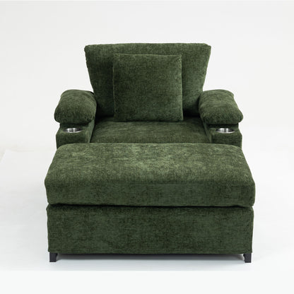 Modern Oversized Chair With Ottoman, Chenille Fabric Sofa Bed, Accent Chair Comfy Sofa With Cupholders And USB Charging Ports Chair For Living Room, Bedroom, Apartment - Green
