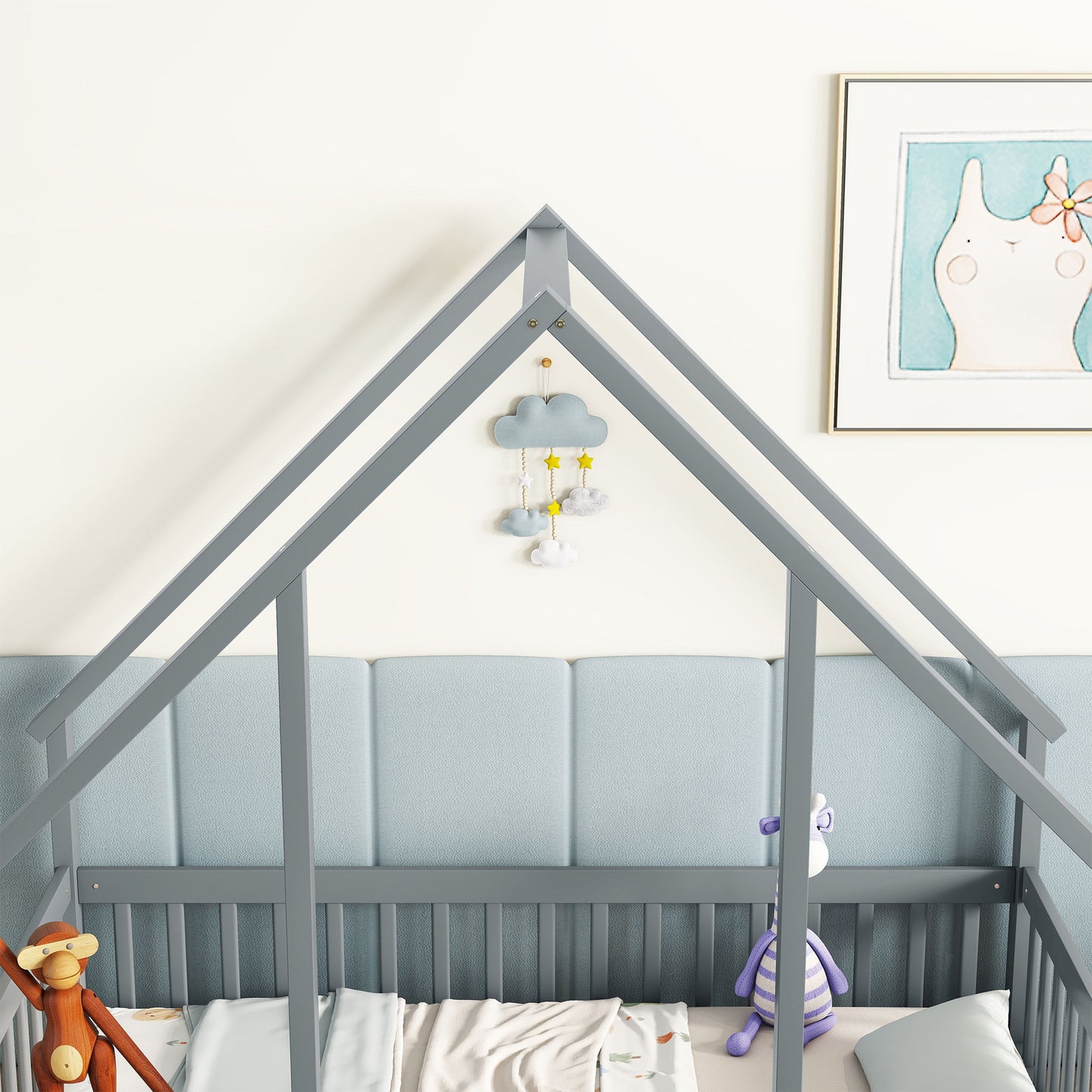 Twin Wood House-Shaped Floor Bed With Fence, Guardrails - Gray