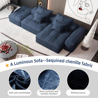 Modern Oversized Modular Sectional Sofa With Ottoman, Seat, Chaise Lounge And Armrest, Sparkling Chenille Fabric Soft Cushion Sofa With 4 Pillows, 4 Pieces Diy Combination Tufted Sofa, No Assembly Required - Blue