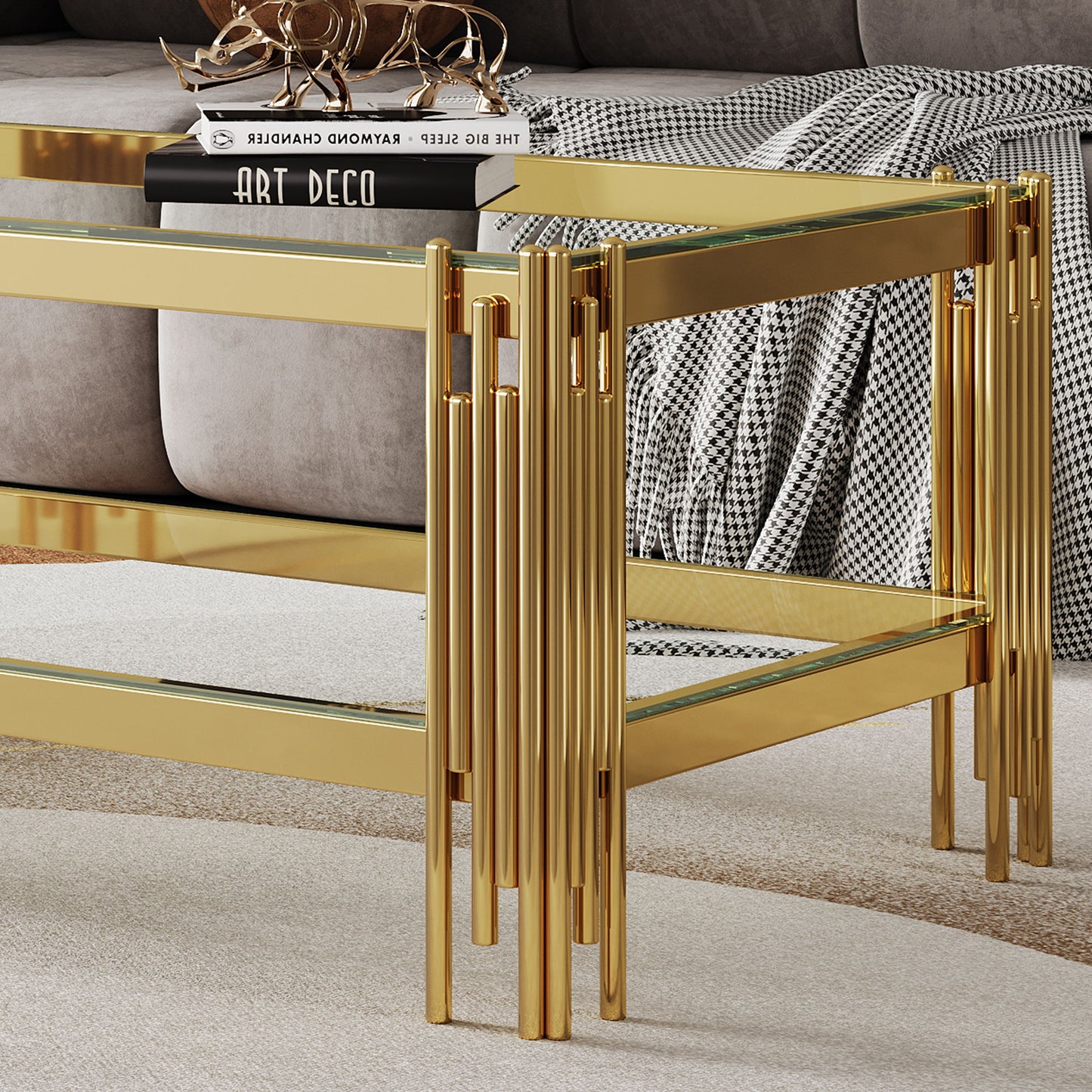 Top And Bottom Double Layer Tempered Glass Coffee Table And Mirror Finished Stainless Steel Frame - Gold