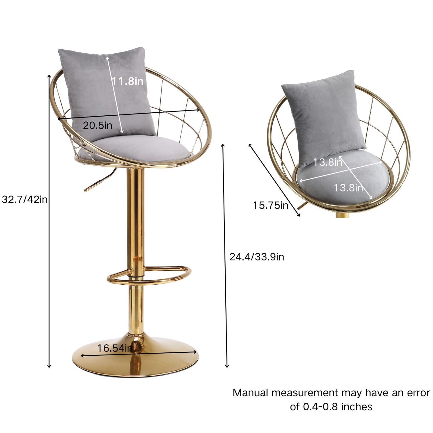 Velvet Bar Chair, Pure Gold Plated, Unique Design, 360 Degree Rotation, Adjustable Height, Suitable For Dining Room And Bar, (Set of 2) - Gray