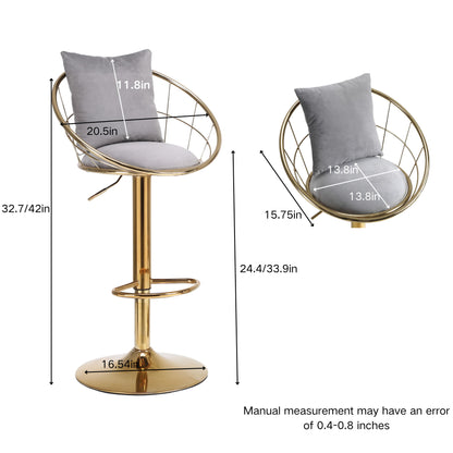 Velvet Bar Chair, Pure Gold Plated, Unique Design, 360 Degree Rotation, Adjustable Height, Suitable For Dining Room And Bar, (Set of 2) - Gray
