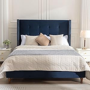 Peyton - Queen Bed Upholstered With High Headboard, Traditional Hand Buttoned Tufting - Blue