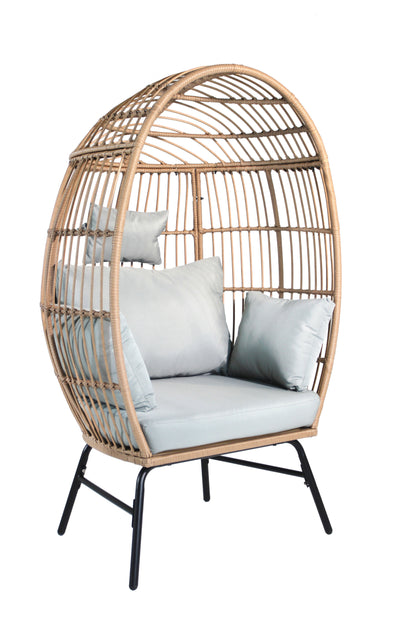 Outdoor Garden Wicker Egg Chair And Footstool Patio Chaise, With Cushions, Outdoor Indoor Basket Chair - Blue / Neutral