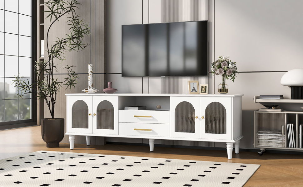 Retro TV Stand For TVs Up To 75", Entertainment Center Media Console With Fluted Glass Doors And 5 Solid Wood Legs For Living Room - White