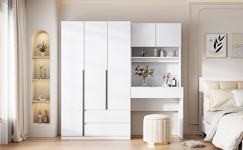 3 Door Storage Desk Wardrobe For Bedroom With Shelves And 3 Drawers - White