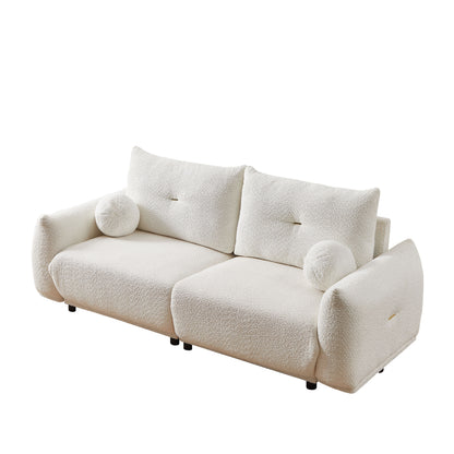 Lamb's Wool 2 Seater Cushion Sofa Comfortable Sofa For Living Room Bedroom And Other Casual Spaces Lamb's Wool Sofa With 2 Cushions And 2 Ball Pillows - White