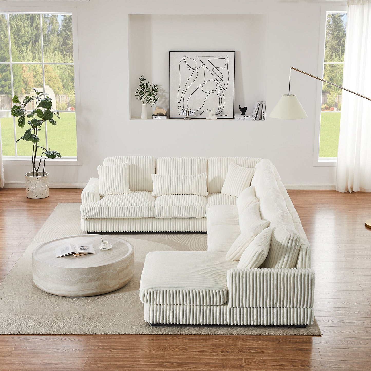 Oversized Sectional Sofa U - Shaped Sofa Couch Modern Sofa Upholstered In Soft Corduroy With A Chaise Lounge For Living Room - Beige