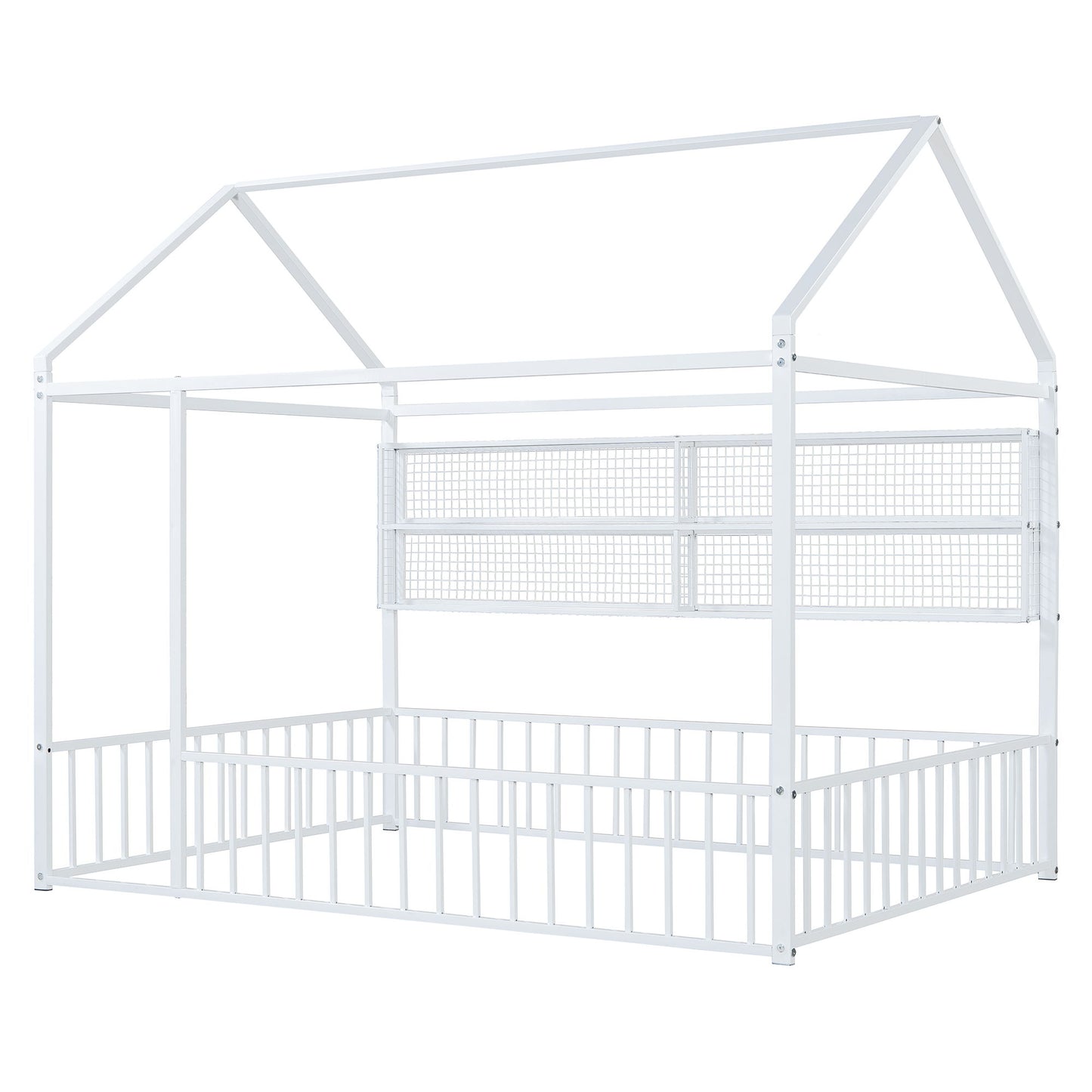 Full Size Bed House Frame With Fence And Shelves - White
